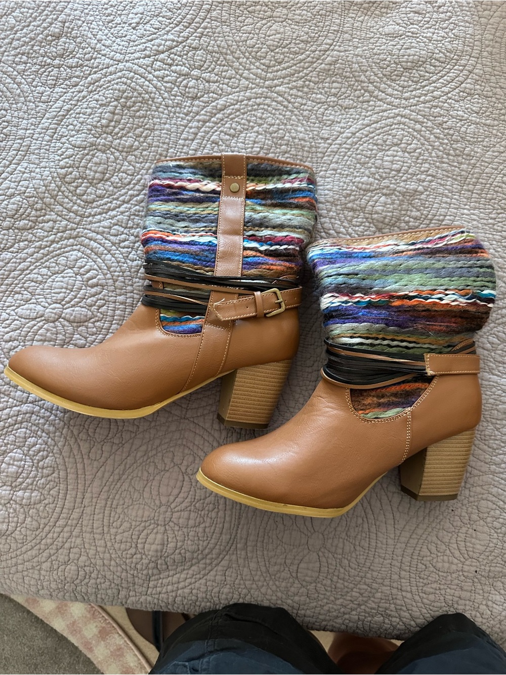 Francesca's Collections Tan Ankle Boots with Multicolor Knit Cuff